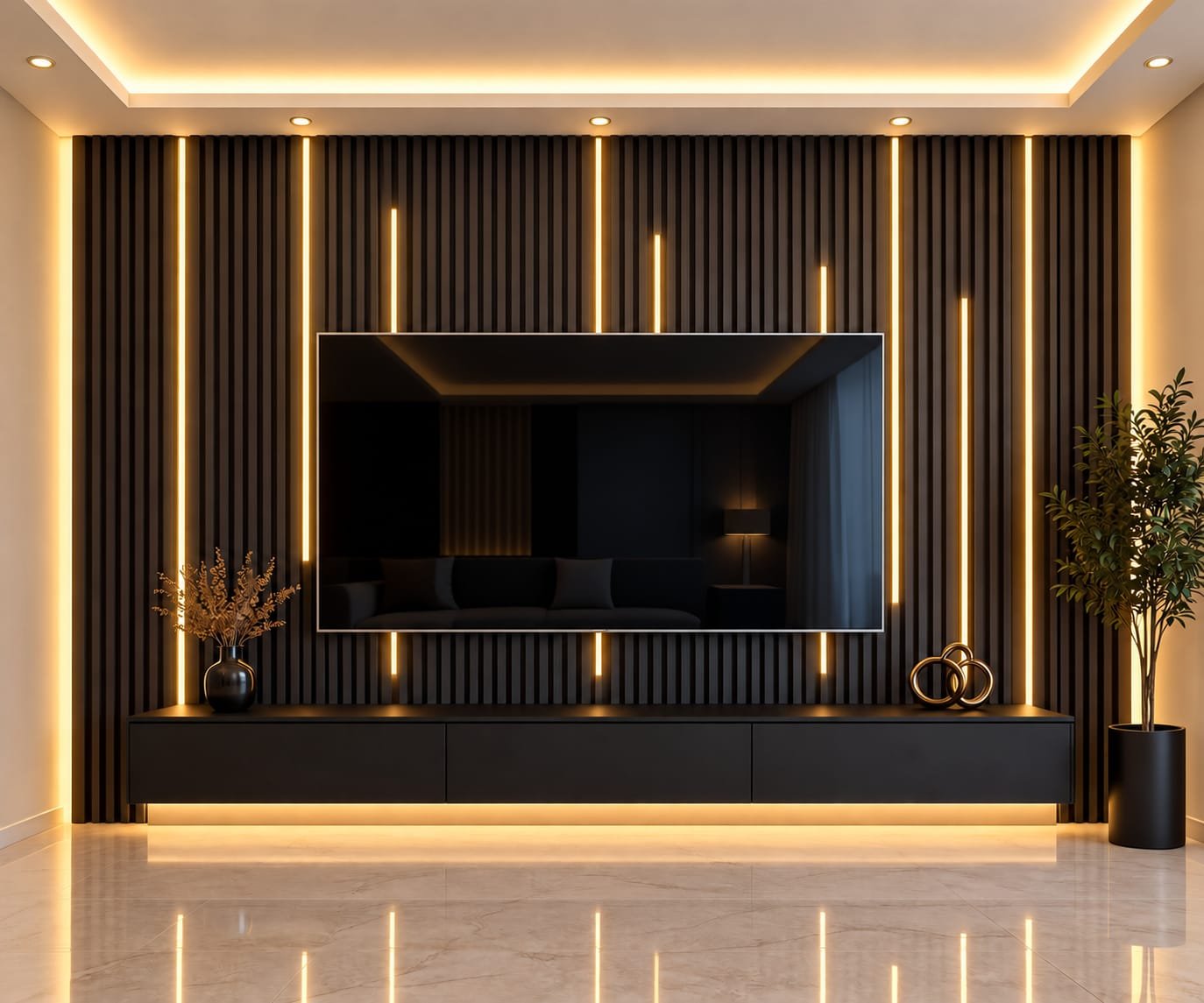 Charcoal fluted TV wall with slim vertical light lines